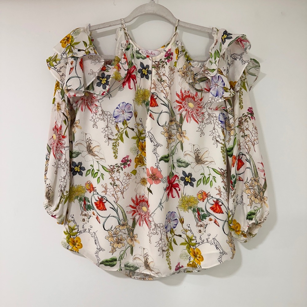 Parker Floral Silk Cold Shoulder Ruffle Blouse Women Size S White‎ Botanical